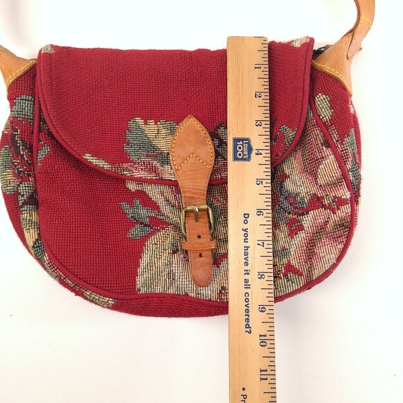 Vintage Ralph Lauren Needlepoint Tapestry Crossbody Bag Leather Strap Ruby Red - Picture 11 of 16